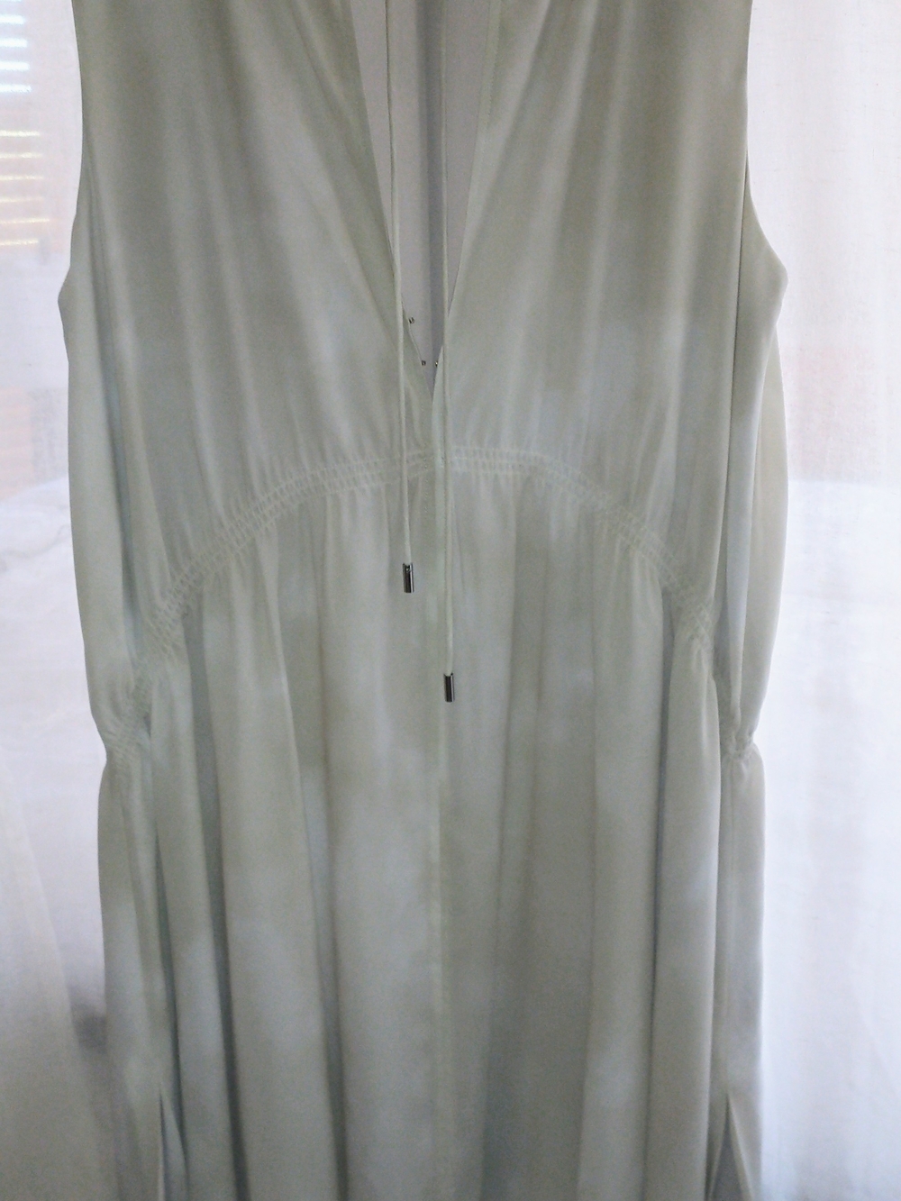 ATM Beige And White Watercolor V-Neck Sleeveless Dress with Front Ties